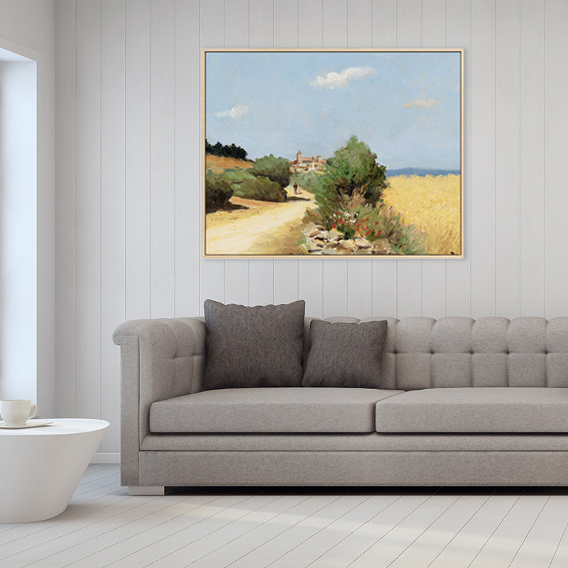 Brehn | Landschaft Leinwand Wandkunst Französisches Landeshaus Texturierte Malerei in Grün für das Wohnzimmer