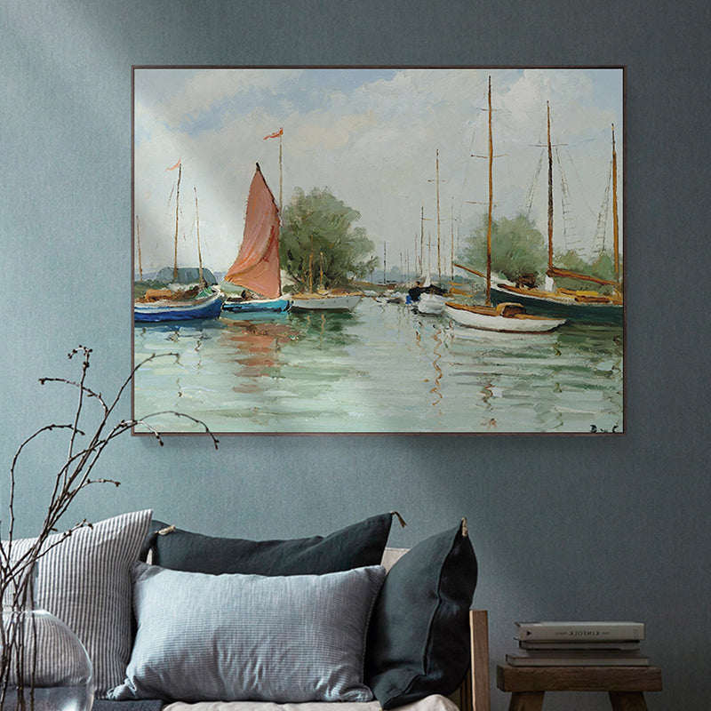 Brehn | Landschaft Leinwand Wandkunst Französisches Landeshaus Texturierte Malerei in Grün für das Wohnzimmer