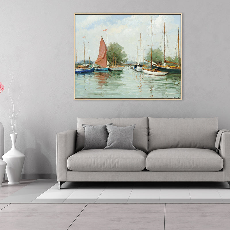 Brehn | Landschaft Leinwand Wandkunst Französisches Landeshaus Texturierte Malerei in Grün für das Wohnzimmer