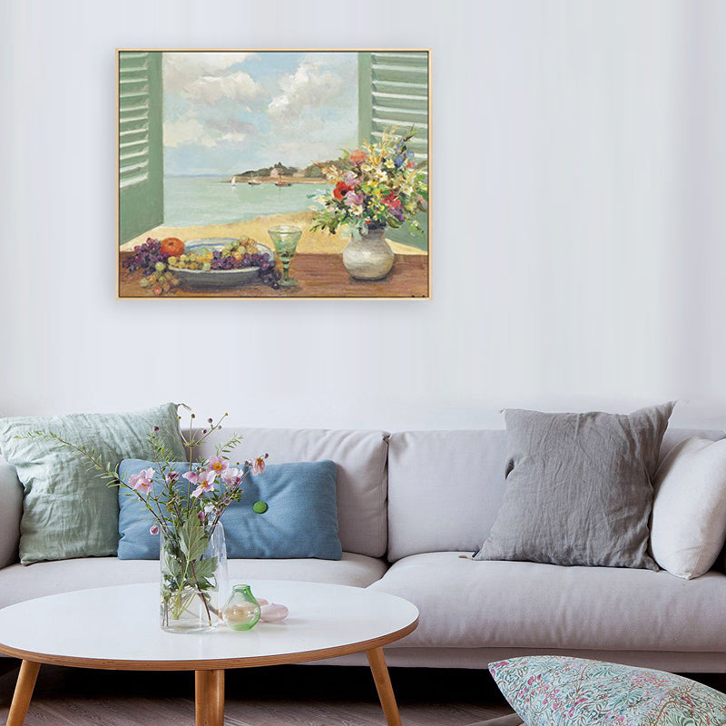 Brehn | Landschaft Leinwand Wandkunst Französisches Landeshaus Texturierte Malerei in Grün für das Wohnzimmer
