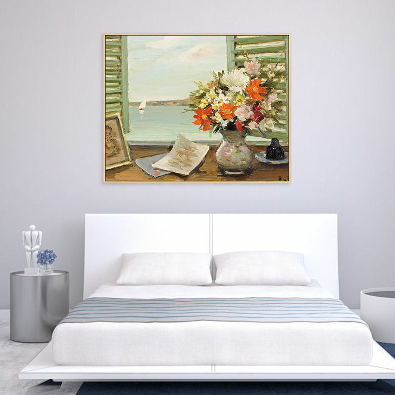 Brehn | Landschaft Leinwand Wandkunst Französisches Landeshaus Texturierte Malerei in Grün für das Wohnzimmer