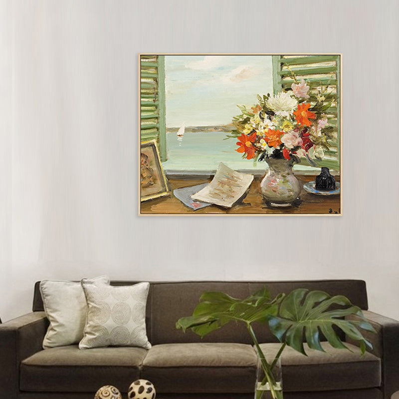 Brehn | Landschaft Leinwand Wandkunst Französisches Landeshaus Texturierte Malerei in Grün für das Wohnzimmer