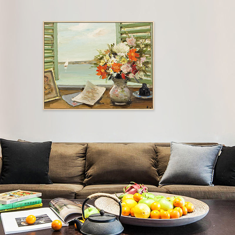 Brehn | Landschaft Leinwand Wandkunst Französisches Landeshaus Texturierte Malerei in Grün für das Wohnzimmer