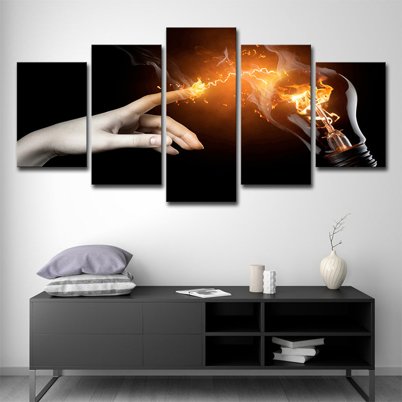 Brehn | Hand und Glühbirne Leinwand Moderne Kreative Magie Wandkunst in Gelb auf Schwarz