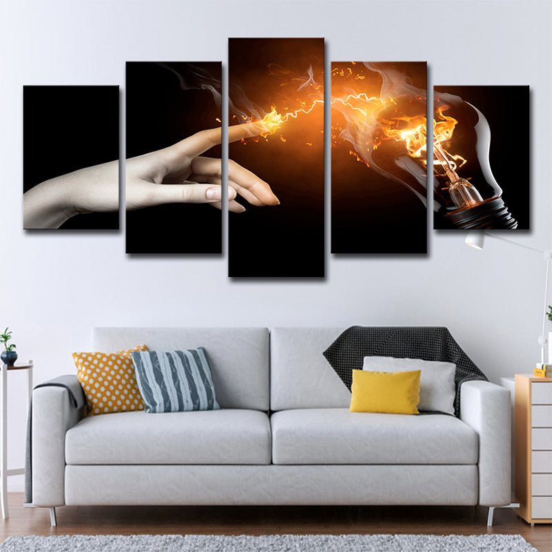 Brehn | Hand und Glühbirne Leinwand Moderne Kreative Magie Wandkunst in Gelb auf Schwarz