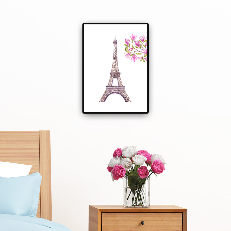 Brehn | Französisches Land für 80er-Jahre Gemälde Eiffelturm und Magnolienblüte Pink Leinwand Wandkunst