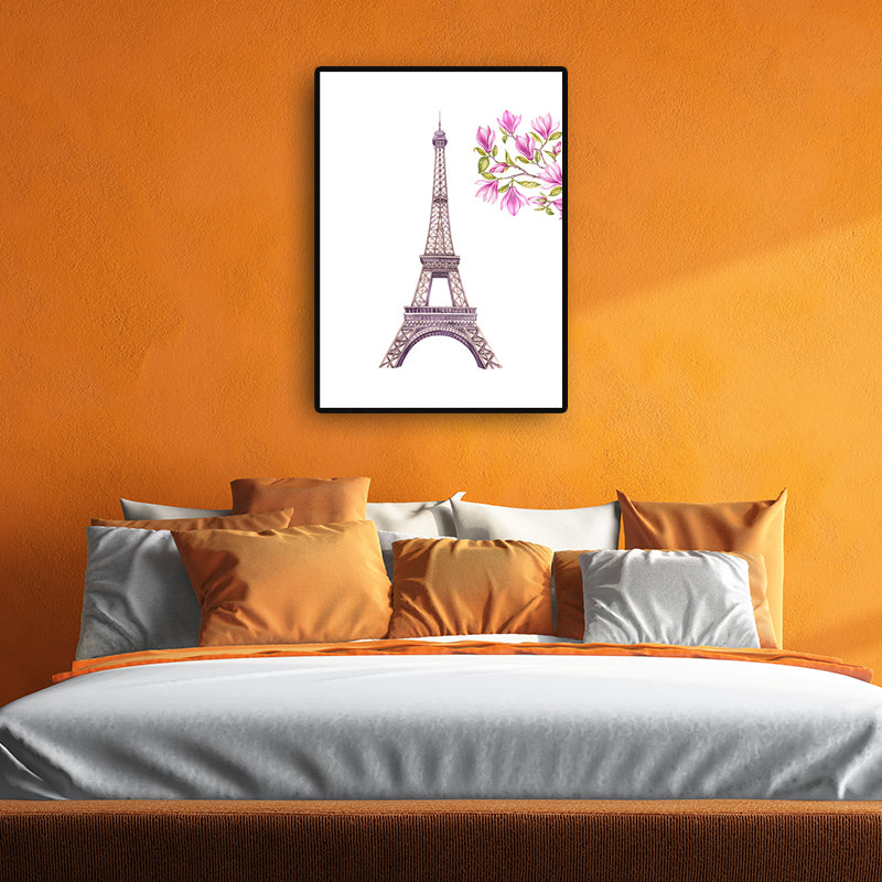 Brehn | Französisches Land für 80er-Jahre Gemälde Eiffelturm und Magnolienblüte Pink Leinwand Wandkunst