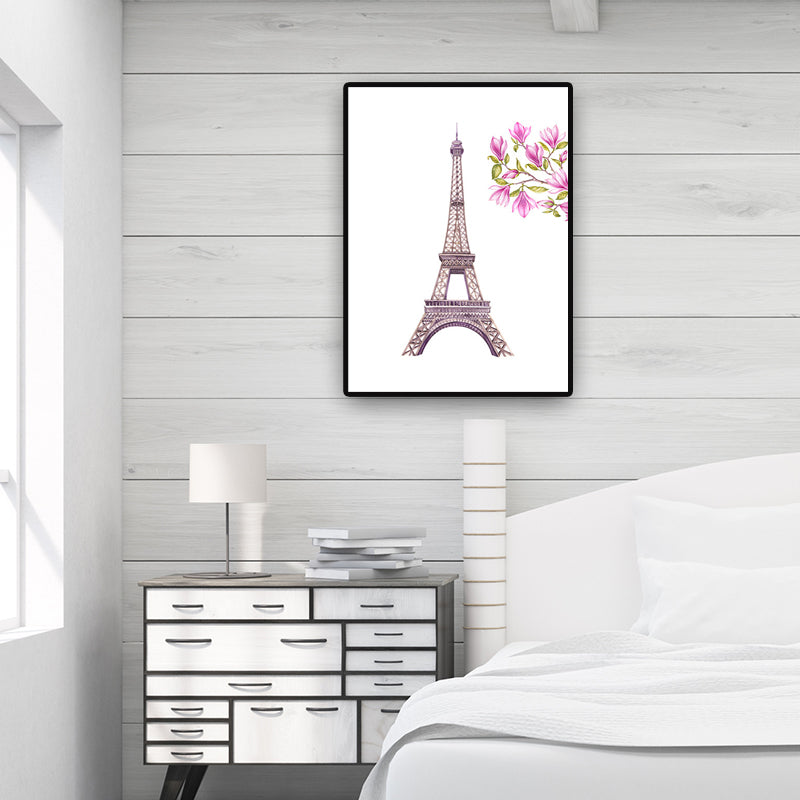 Brehn | Französisches Land für 80er-Jahre Gemälde Eiffelturm und Magnolienblüte Pink Leinwand Wandkunst