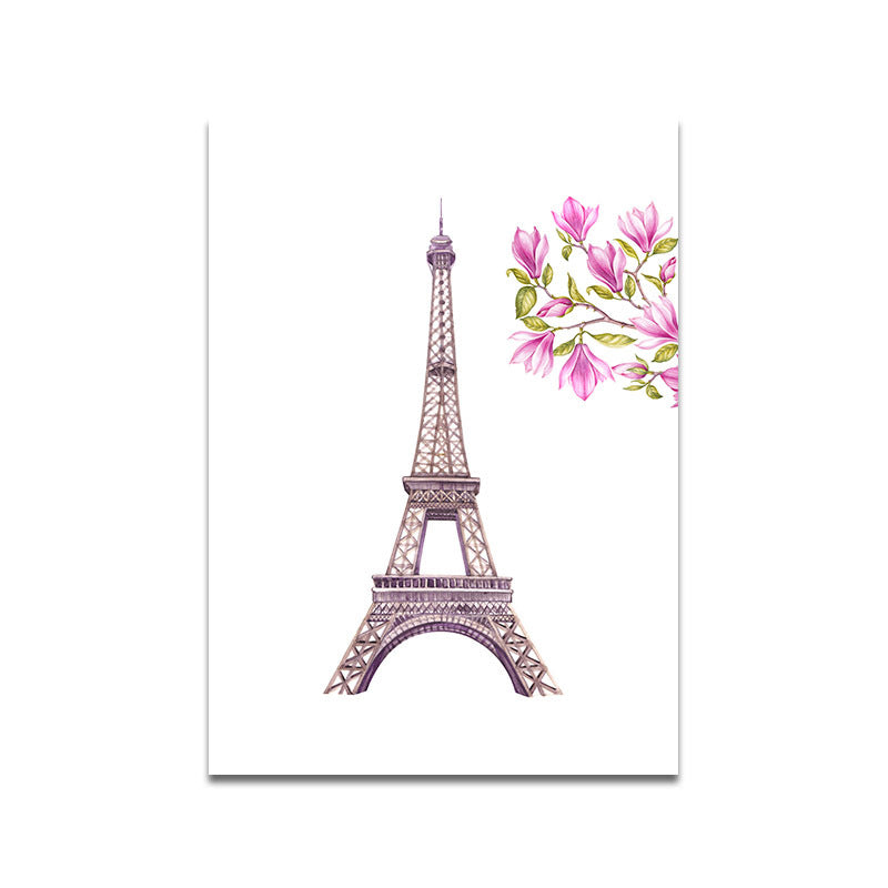 Brehn | Französisches Land für 80er-Jahre Gemälde Eiffelturm und Magnolienblüte Pink Leinwand Wandkunst