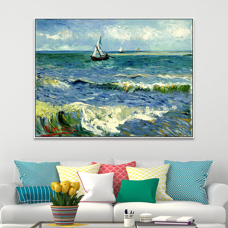 Brehn | Schiffe, die auf Wellen segeln, Gemälde Blau Leinwand Wandkunst Druck für Wohnzimmer, Textur