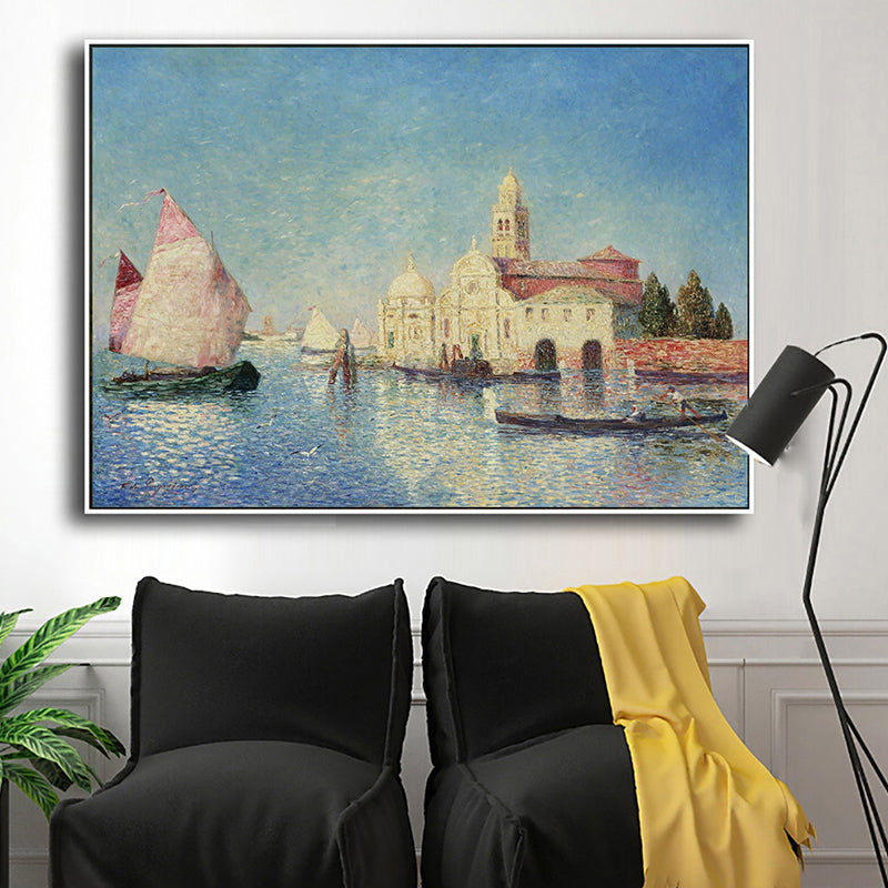Brehn | Ölmalerei Venedig Kanal Leinwand Wandkunst für das Wohnzimmer, Blau und Pink, Texturiert