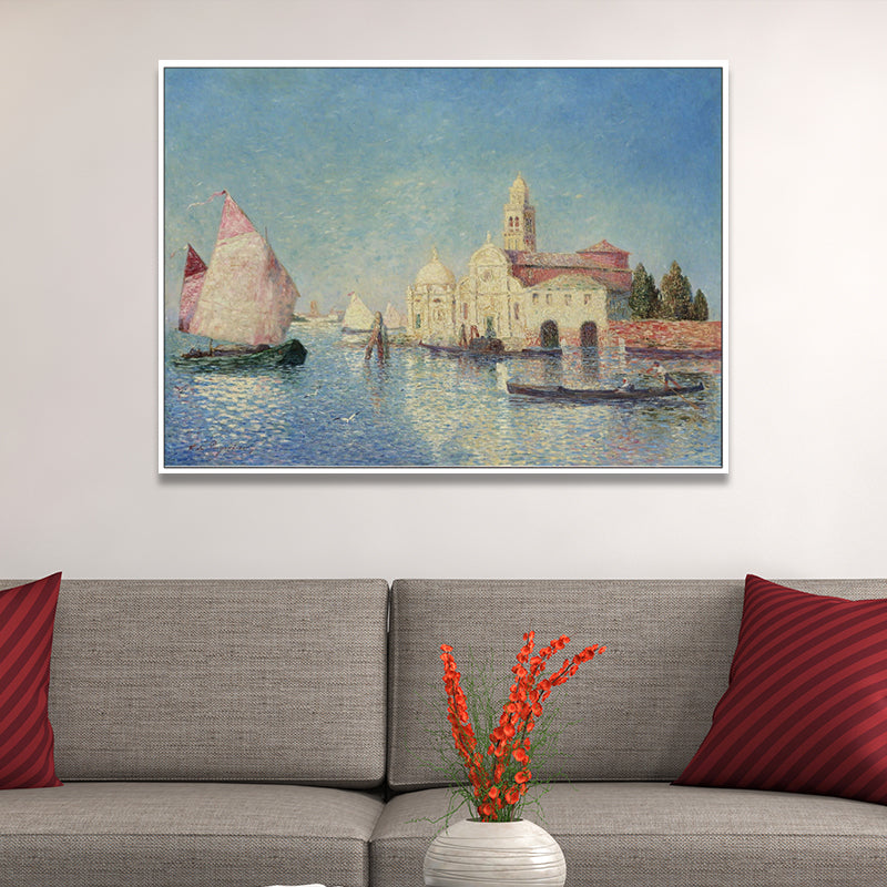 Brehn | Ölmalerei Venedig Kanal Leinwand Wandkunst für das Wohnzimmer, Blau und Pink, Texturiert