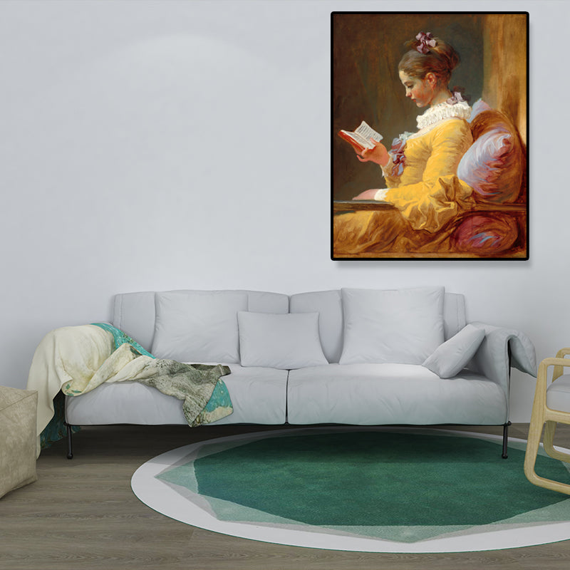 Brehn | Mädchen Lesenkunstdruck Vintage Texturiertes Wohnzimmer Eingewickelte Leinwand in Gelb (Mehrere Größenoptionen)