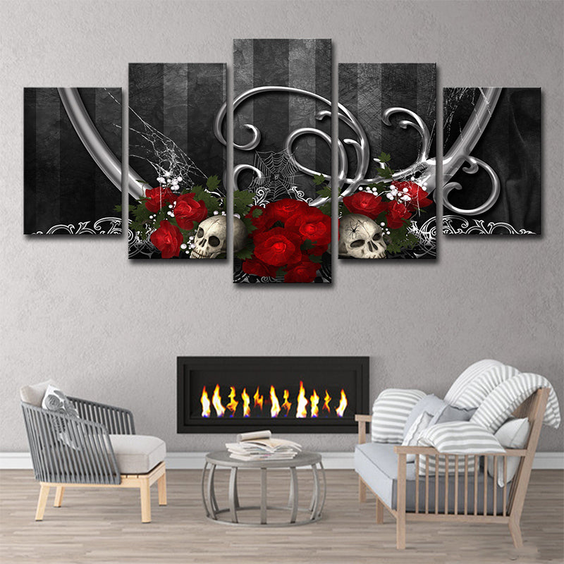 Brehn | Coole Rose und Schädel Leinwanddruck Jungenzimmer Fantasy Wandkunst in Grau-Rot
