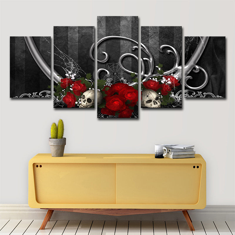 Brehn | Coole Rose und Schädel Leinwanddruck Jungenzimmer Fantasy Wandkunst in Grau-Rot