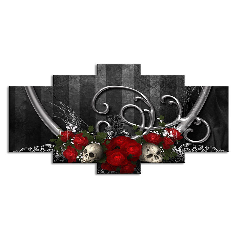 Brehn | Coole Rose und Schädel Leinwanddruck Jungenzimmer Fantasy Wandkunst in Grau-Rot