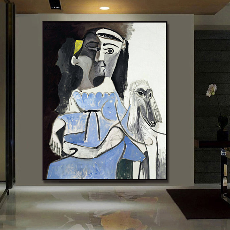 Brehn | Picasso Frau und Hund Leinwand Kunst Vintage Texturierte Oberfläche Malerei in Blau und Grau