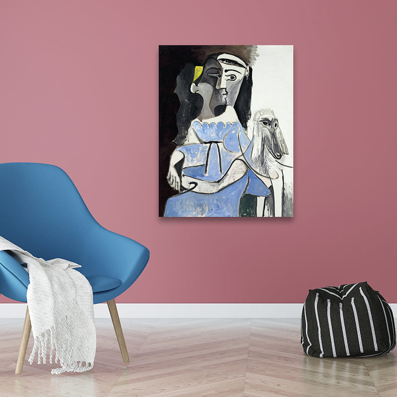 Brehn | Picasso Frau und Hund Leinwand Kunst Vintage Texturierte Oberfläche Malerei in Blau und Grau