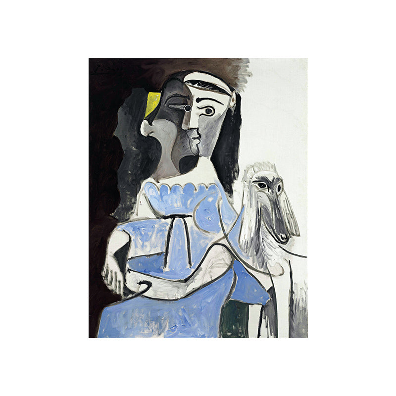 Brehn | Picasso Frau und Hund Leinwand Kunst Vintage Texturierte Oberfläche Malerei in Blau und Grau