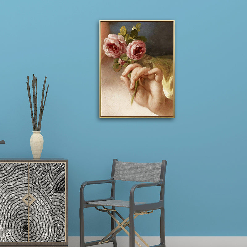 Brehn | Leinwanddruck Texturmalerei Nostalgisch Hand Haltend Rose Wandkunst Dekor in Gelb