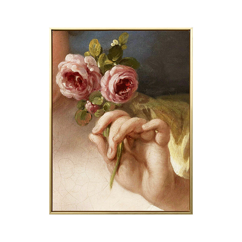 Brehn | Leinwanddruck Texturmalerei Nostalgisch Hand Haltend Rose Wandkunst Dekor in Gelb