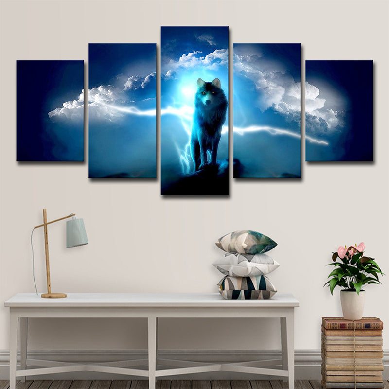 Brehn | Mysteriöser Nachtwolf Leinwanddruck Hausinterieur Tiermuster Wandkunst in Blau