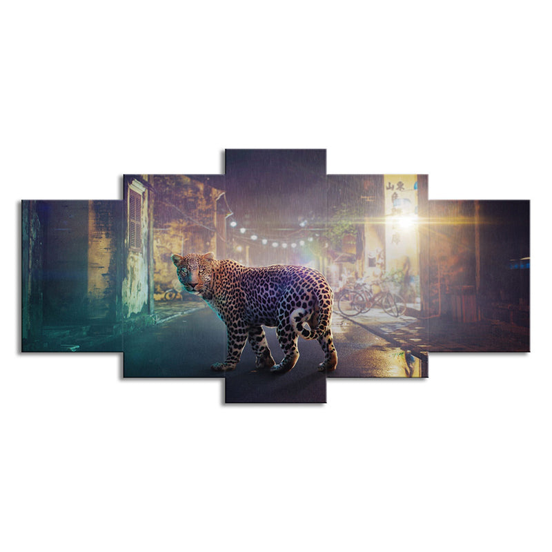 Brehn | Shabby Street Nacht Leopard Leinwandkunst für Zuhause Tierwelt Wanddekoration in Grau, Mehrteilig