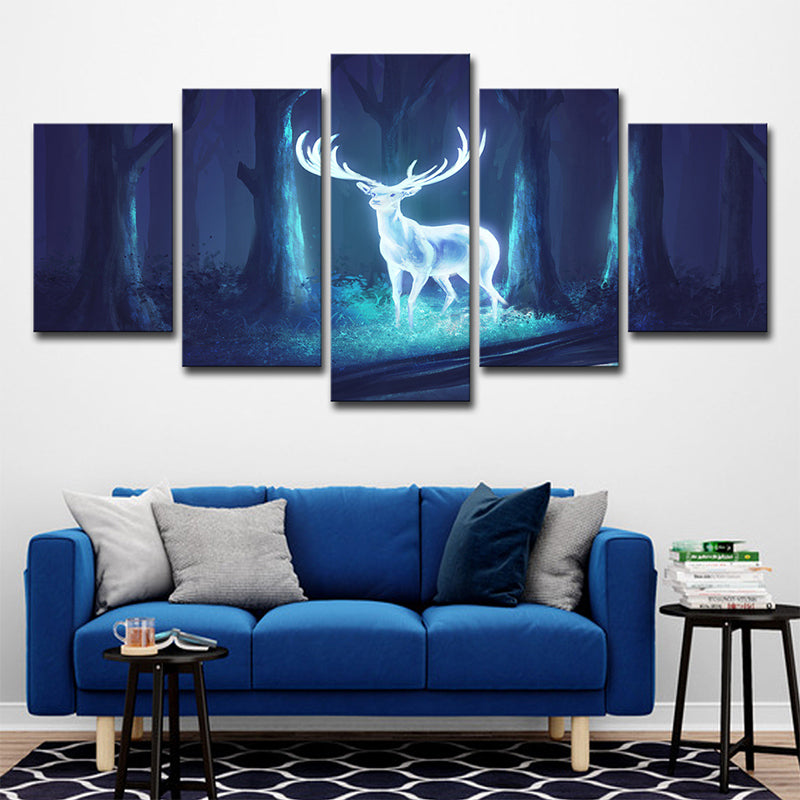 Brehn | Mysterious Forest Deer Leinwand Wandkunst für das Kinderzimmer, Blau-Weiß, Mehrteilig