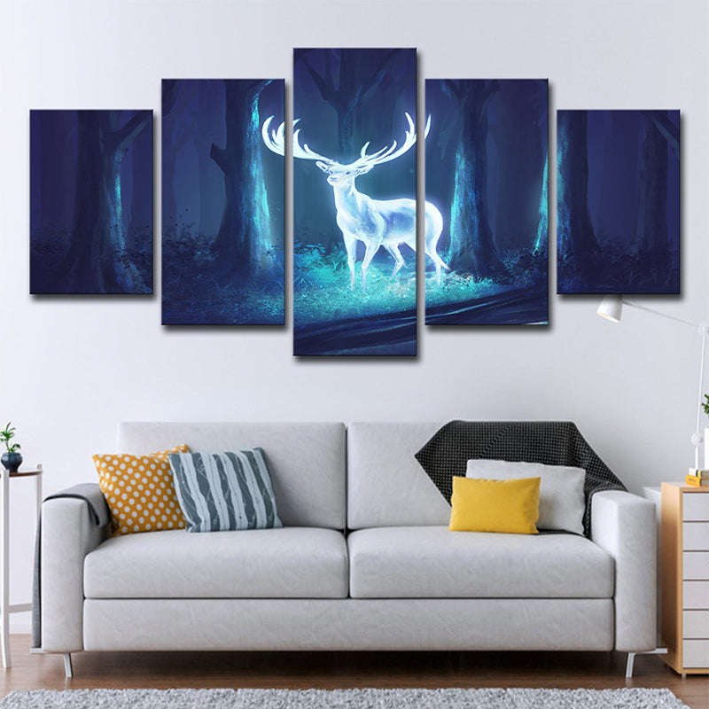 Brehn | Mysterious Forest Deer Leinwand Wandkunst für das Kinderzimmer, Blau-Weiß, Mehrteilig