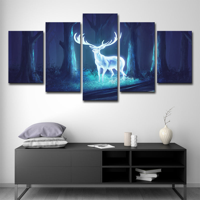 Brehn | Mysterious Forest Deer Leinwand Wandkunst für das Kinderzimmer, Blau-Weiß, Mehrteilig