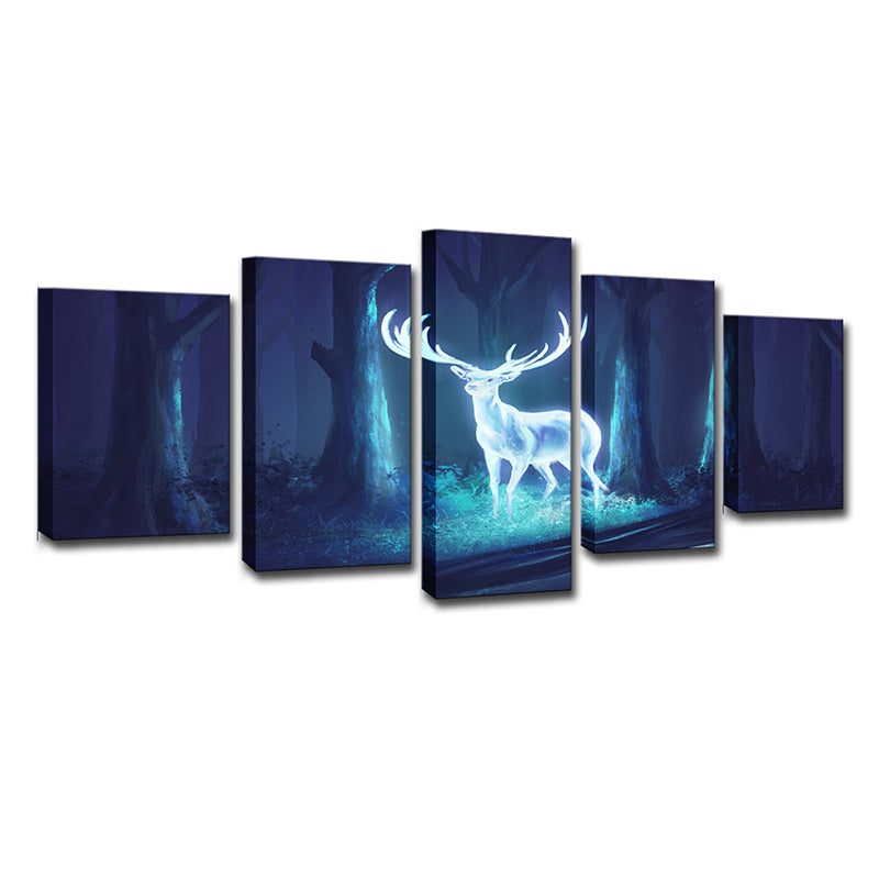 Brehn | Mysterious Forest Deer Leinwand Wandkunst für das Kinderzimmer, Blau-Weiß, Mehrteilig