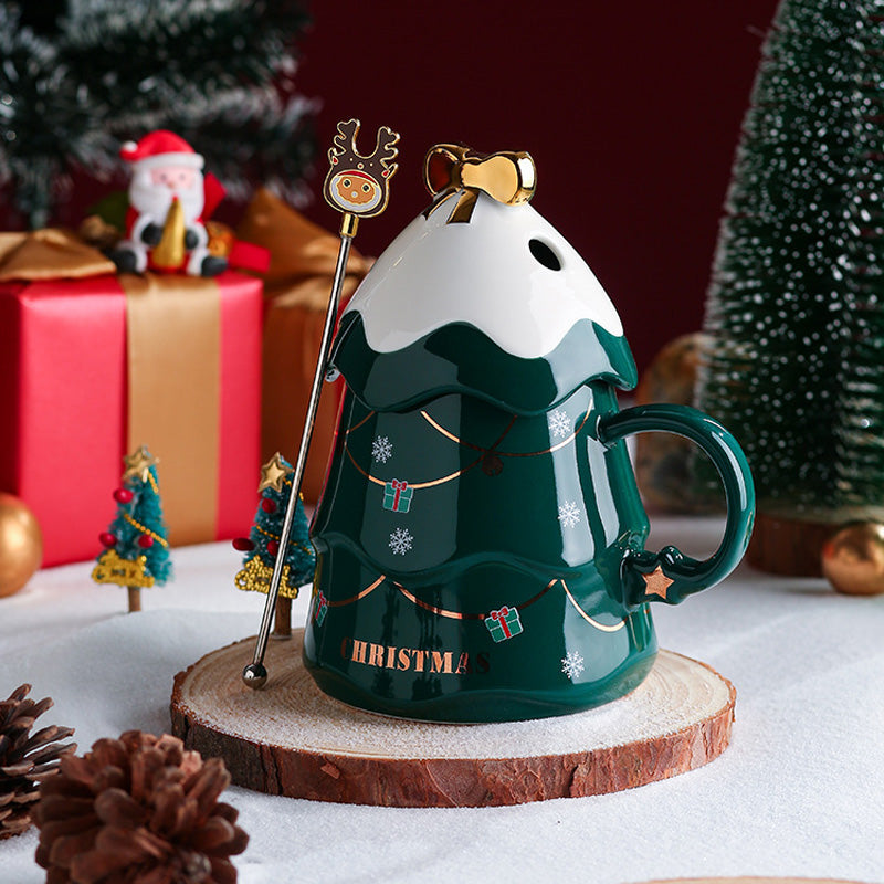 Brehn | Weihnachtsbecher Geschenk mit Deckel und Rührer Große Kapazität Keramikkaffeetasse