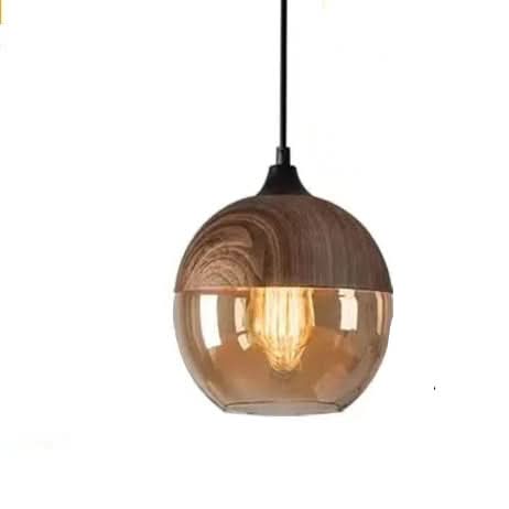 Handgeblasene Pendelleuchte aus Glas und Holz, verstellbar