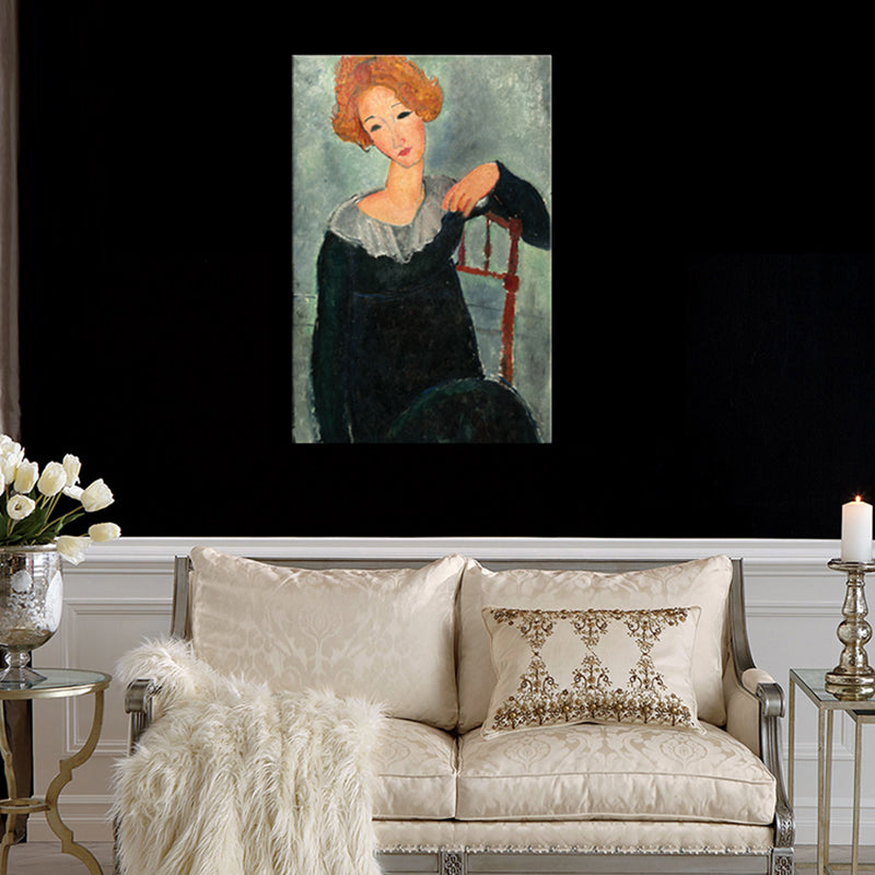 Brehn | Portrait Wandkunst Druck Studienzimmer Frau mit roten Haaren Leinwand Blau strukturiert (Mehrere Größen)