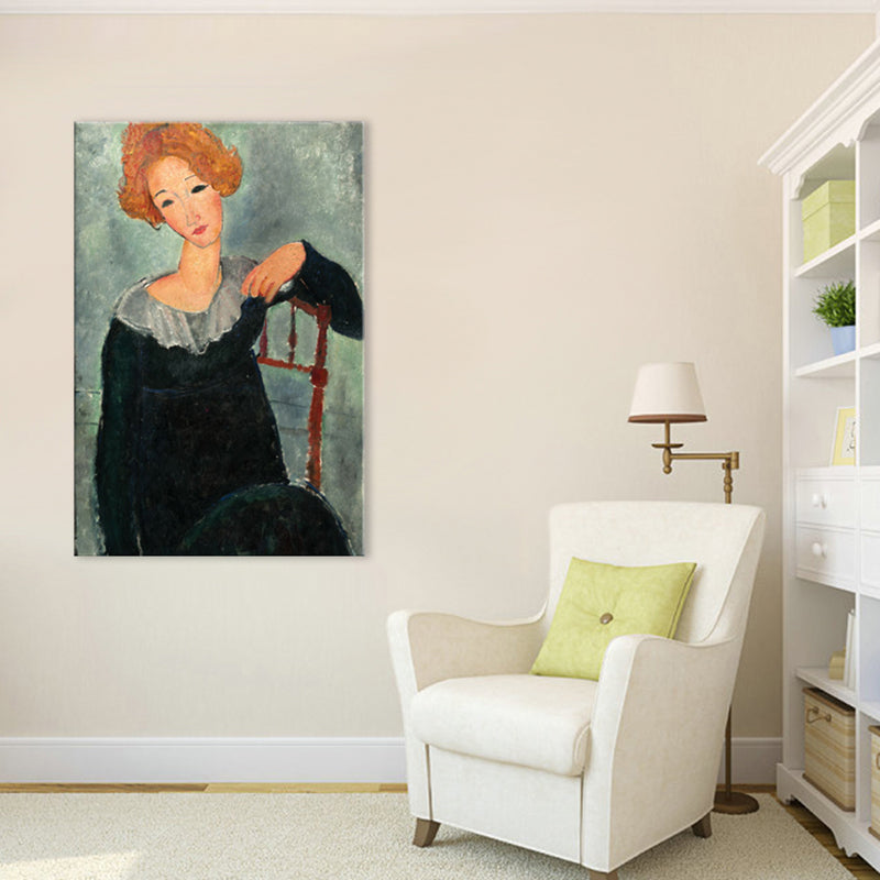 Brehn | Portrait Wandkunst Druck Studienzimmer Frau mit roten Haaren Leinwand Blau strukturiert (Mehrere Größen)