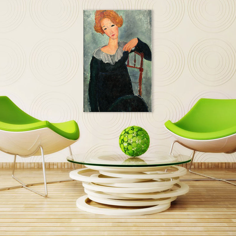 Brehn | Portrait Wandkunst Druck Studienzimmer Frau mit roten Haaren Leinwand Blau strukturiert (Mehrere Größen)