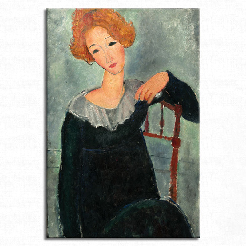 Brehn | Portrait Wandkunst Druck Studienzimmer Frau mit roten Haaren Leinwand Blau strukturiert (Mehrere Größen)