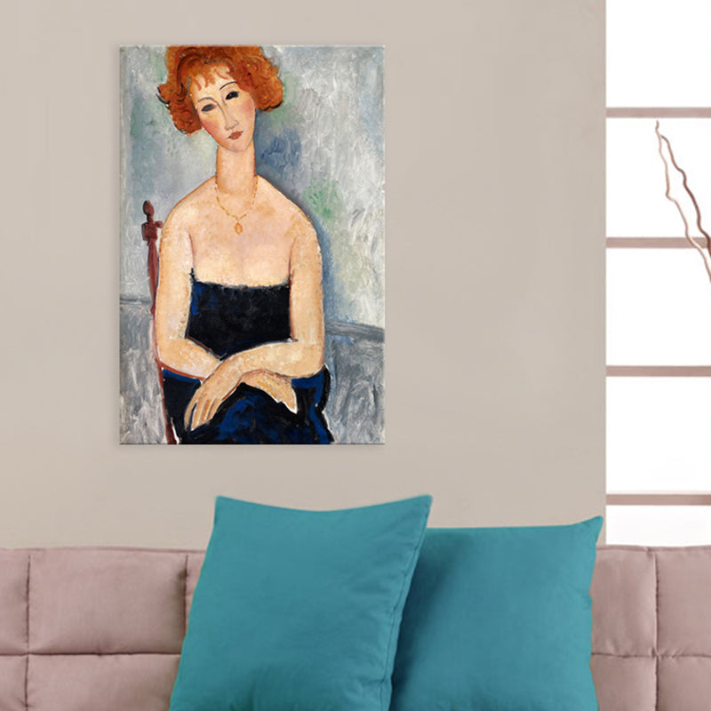 Brehn | Portrait Wandkunst Druck Studienzimmer Frau mit roten Haaren Leinwand Blau strukturiert (Mehrere Größen)