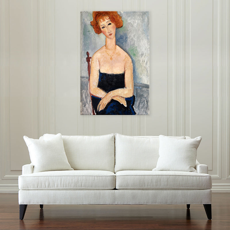 Brehn | Portrait Wandkunst Druck Studienzimmer Frau mit roten Haaren Leinwand Blau strukturiert (Mehrere Größen)