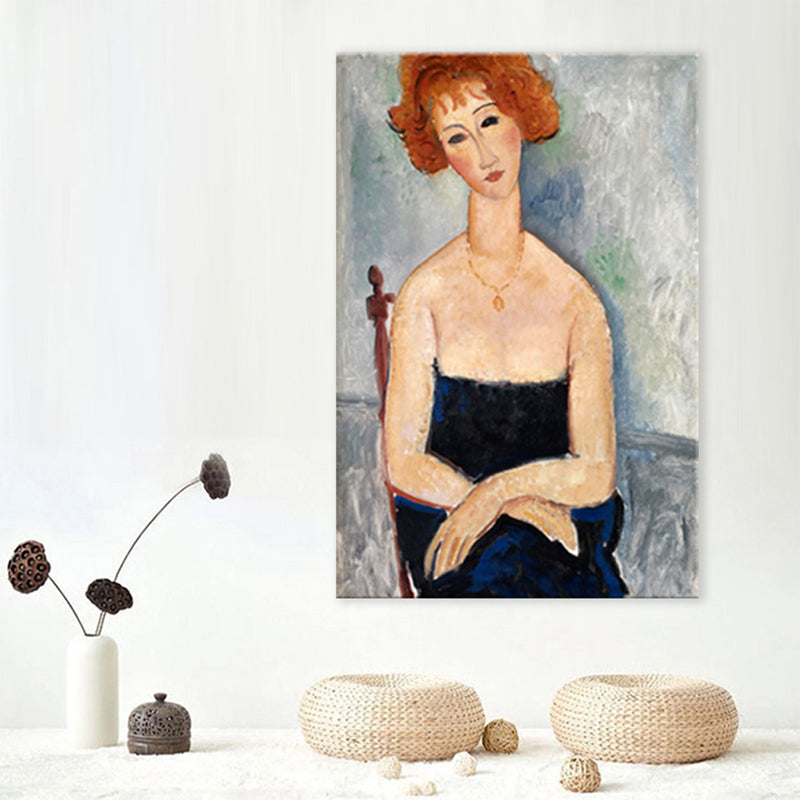 Brehn | Portrait Wandkunst Druck Studienzimmer Frau mit roten Haaren Leinwand Blau strukturiert (Mehrere Größen)