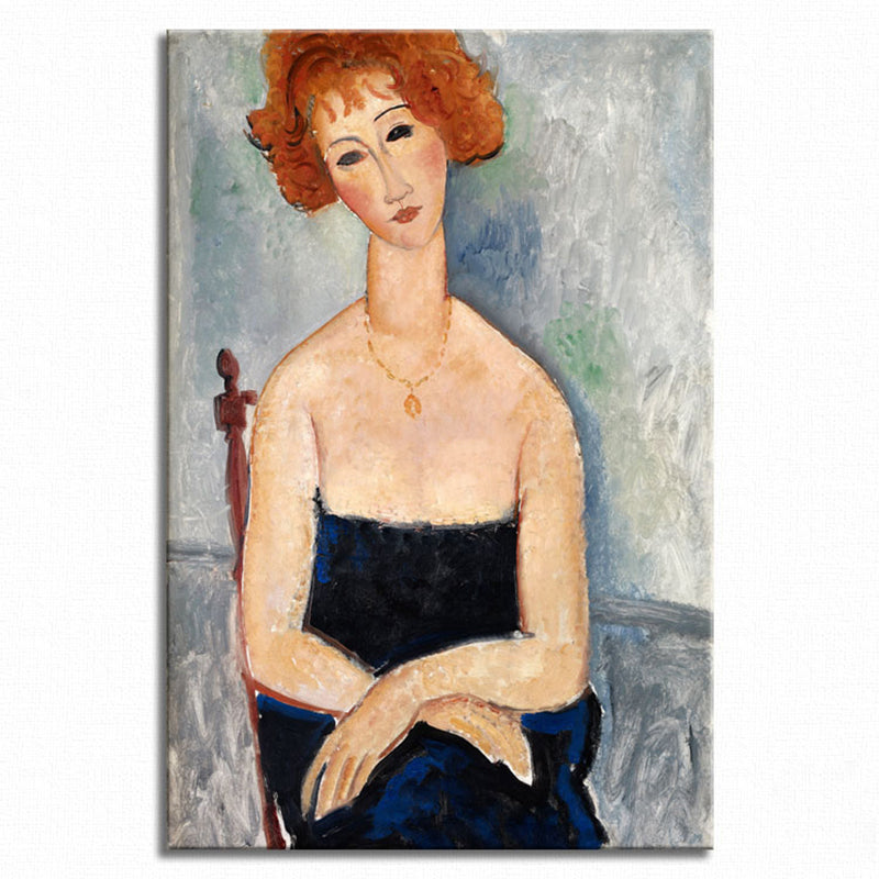 Brehn | Portrait Wandkunst Druck Studienzimmer Frau mit roten Haaren Leinwand Blau strukturiert (Mehrere Größen)