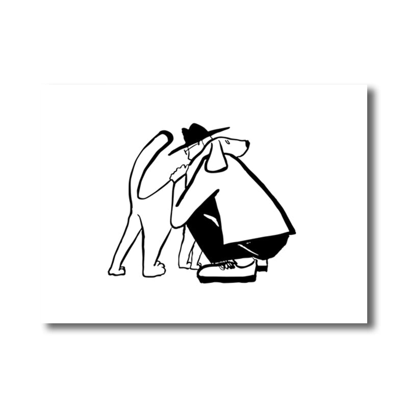 Brehn | Bleistiftfigur Wandkunst Dekor Einfache Comic-Mann Umarmt Seinen Hund Leinwanddruck in Schwarz und Weiß