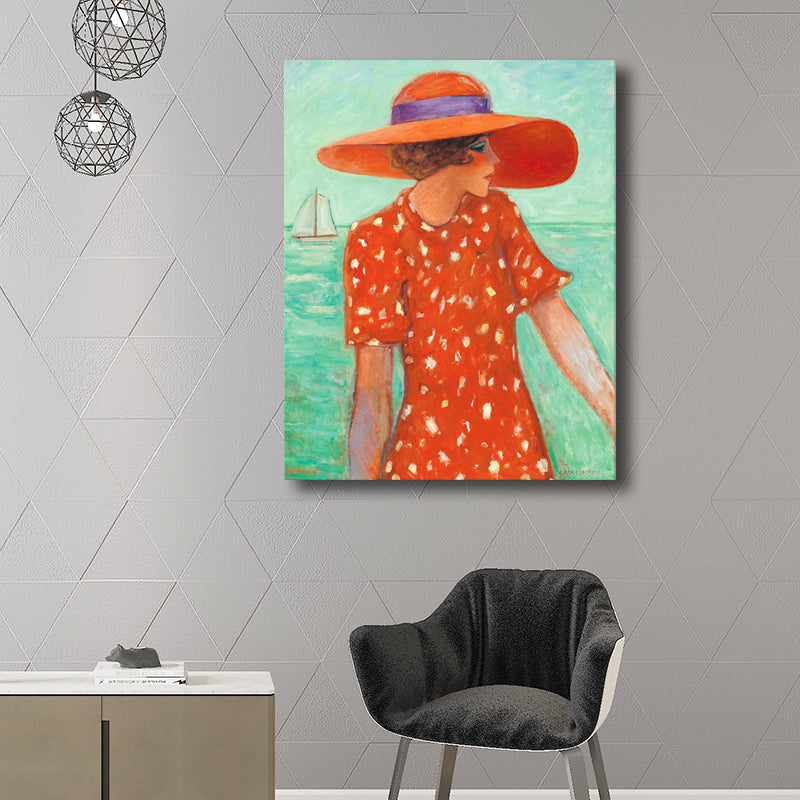 Brehn | Leinwand-texturiertes Wandkunst Motiv Landfrau am Meer Gemälde in sanften Farben für das Wohnzimmer