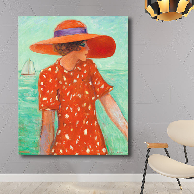 Brehn | Leinwand-texturiertes Wandkunst Motiv Landfrau am Meer Gemälde in sanften Farben für das Wohnzimmer