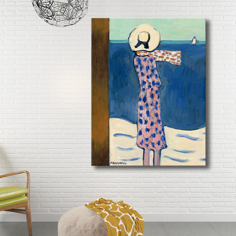 Brehn | Leinwand-texturiertes Wandkunst Motiv Landfrau am Meer Gemälde in sanften Farben für das Wohnzimmer
