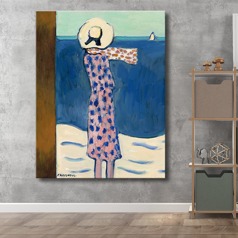 Brehn | Leinwand-texturiertes Wandkunst Motiv Landfrau am Meer Gemälde in sanften Farben für das Wohnzimmer