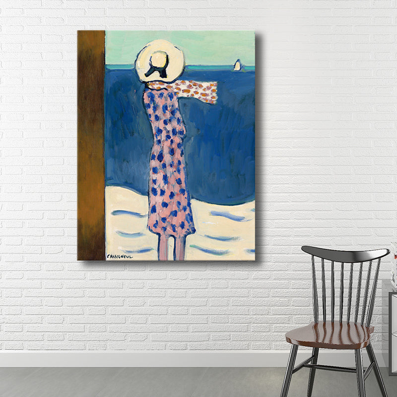 Brehn | Leinwand-texturiertes Wandkunst Motiv Landfrau am Meer Gemälde in sanften Farben für das Wohnzimmer