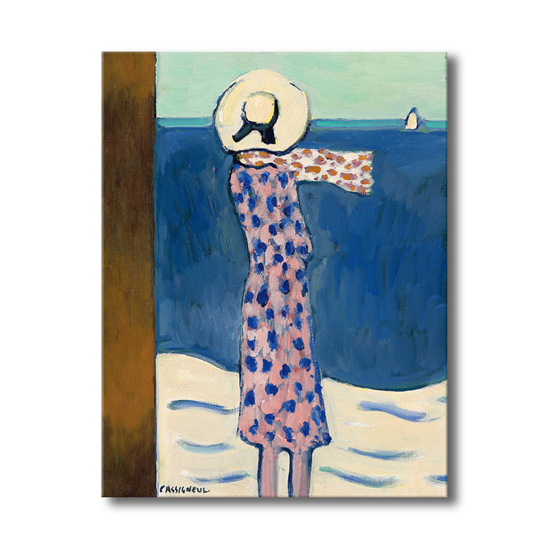 Brehn | Leinwand-texturiertes Wandkunst Motiv Landfrau am Meer Gemälde in sanften Farben für das Wohnzimmer