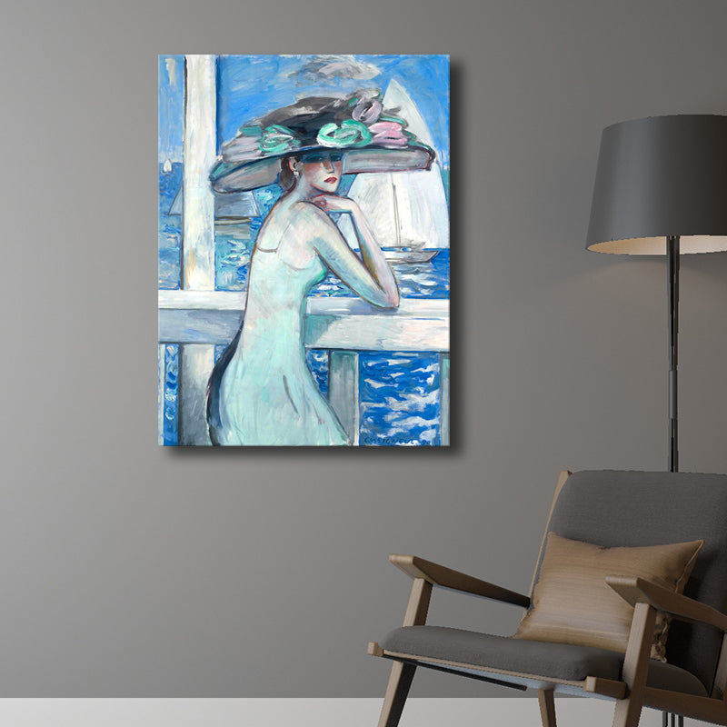 Brehn | Leinwand-texturiertes Wandkunst Motiv Landfrau am Meer Gemälde in sanften Farben für das Wohnzimmer