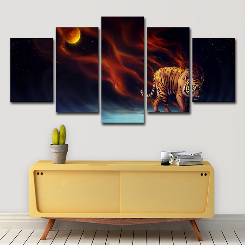Brehn | Gelbe Mond Nacht Tiger Kunstdruck Mehrteilig Moderne Wohnzimmer Wanddekoration